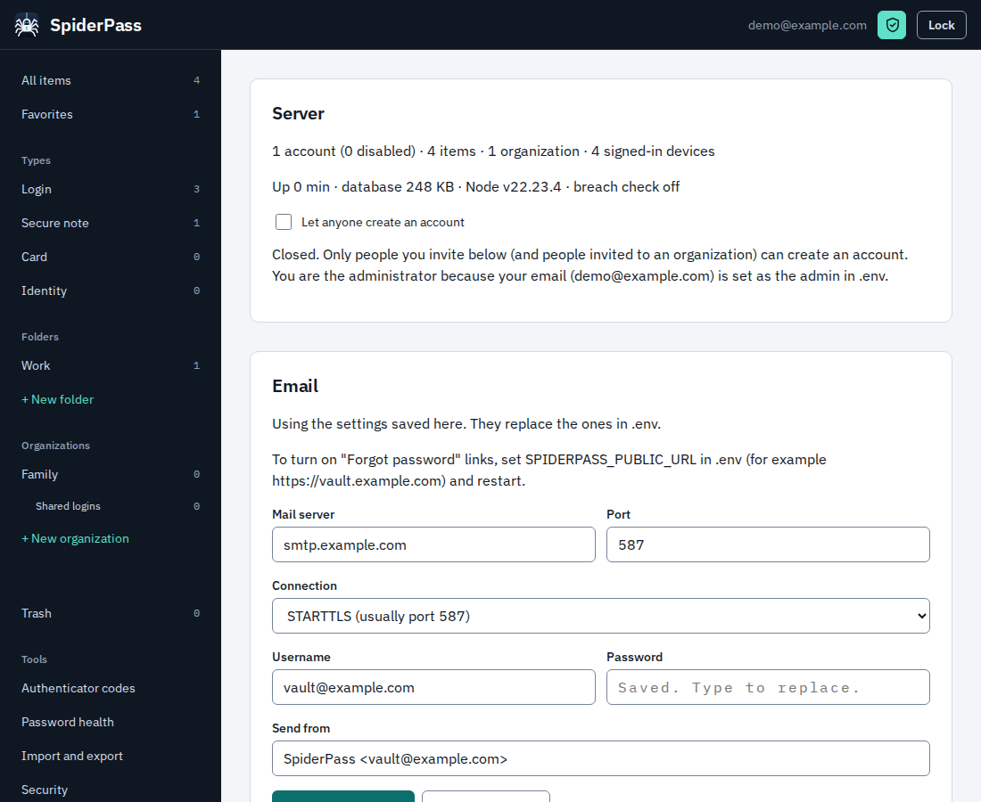 The admin panel inside the app: a switch for open sign-ups, email server settings, and a list of invited people.