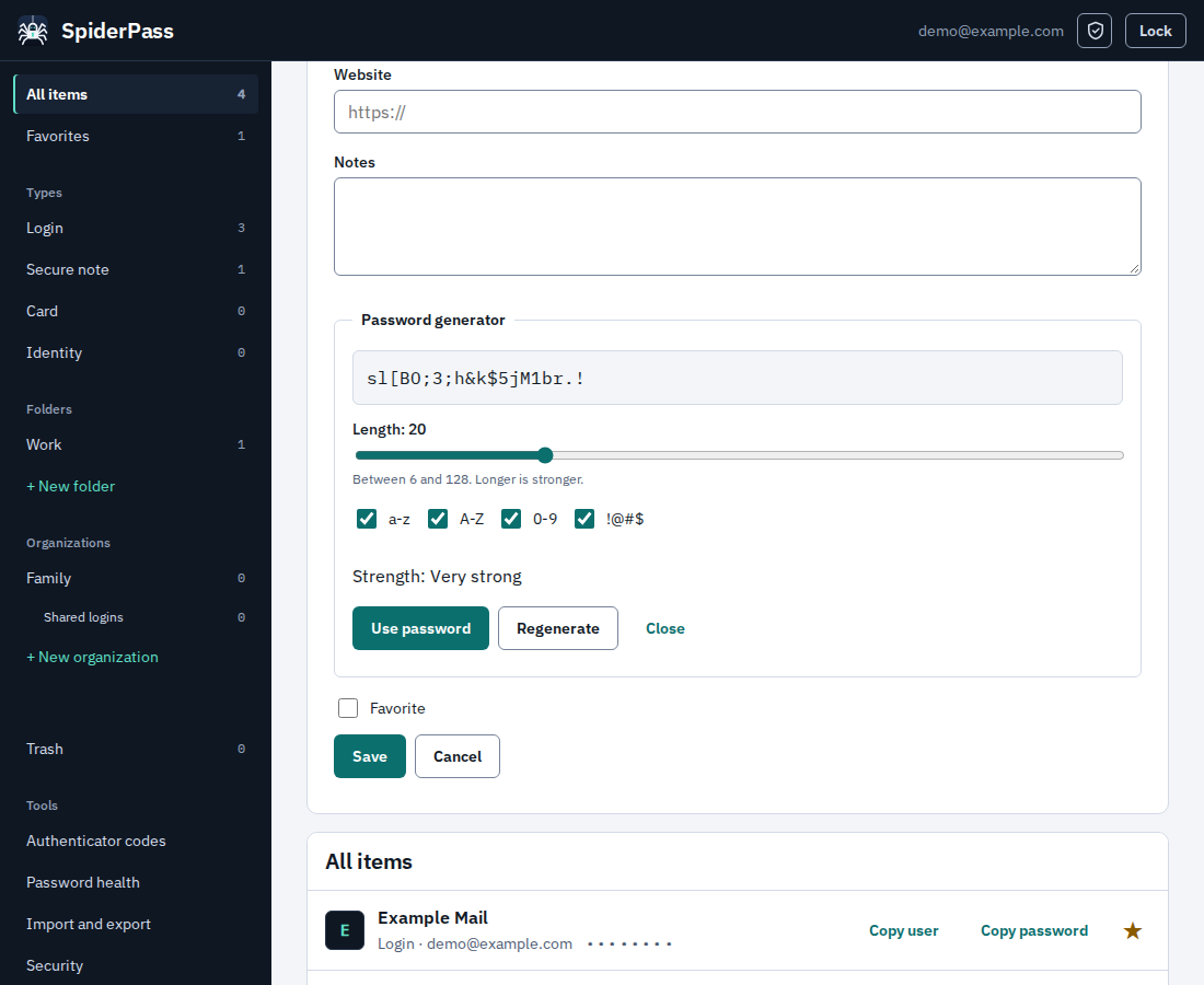 The new-login form with the password generator open, showing a generated password and options.