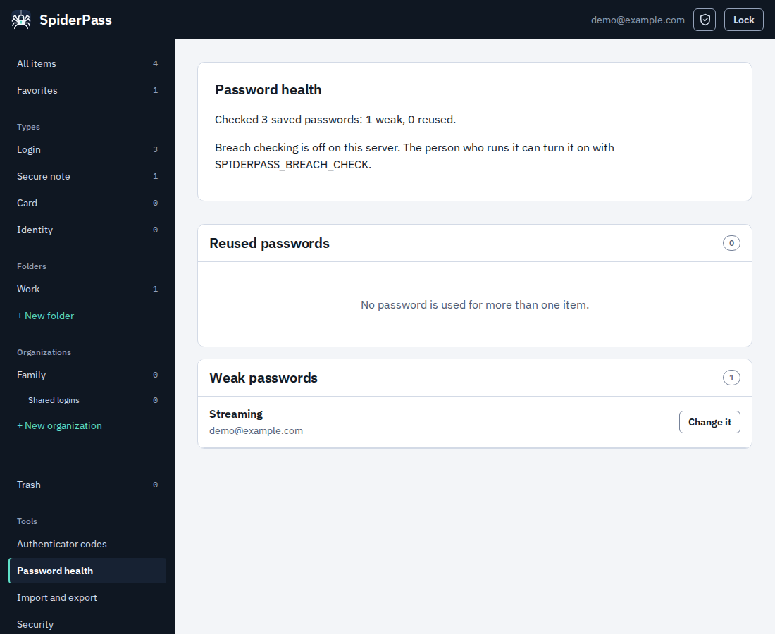 The Password health page listing weak passwords.