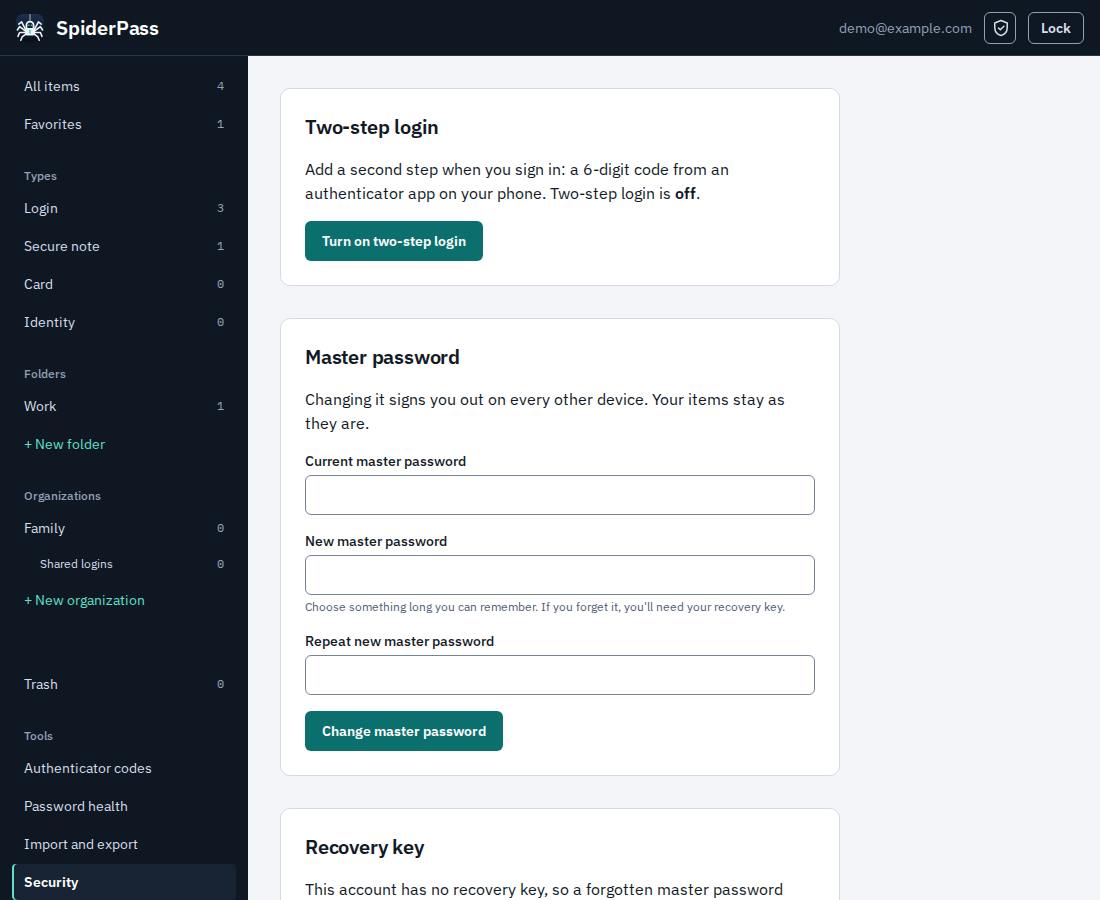 The Security page with two-step login, master password and signed-in devices.