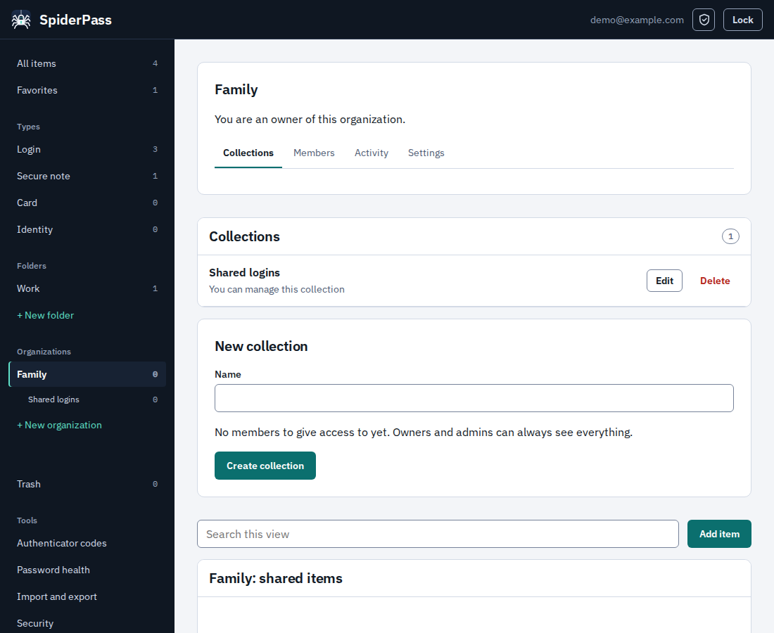 An organization called Family with a Shared logins collection, and tabs for Collections, Members, Activity and Settings.