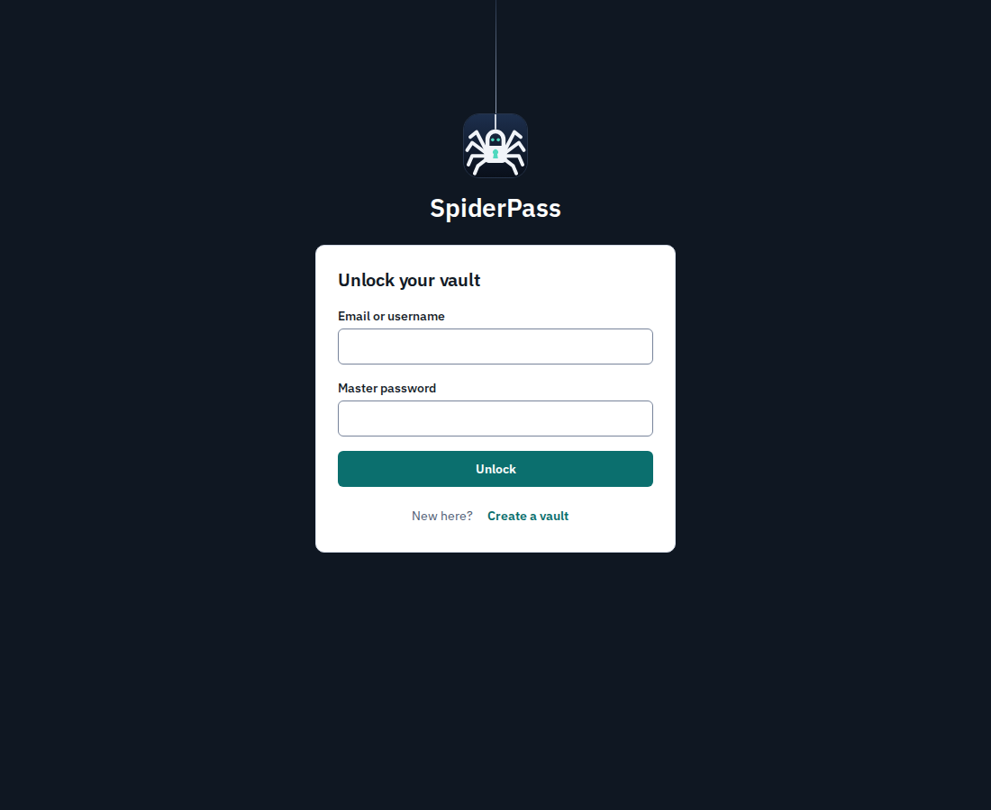 The sign-in screen: a spider hanging from a thread above an Unlock your vault form.