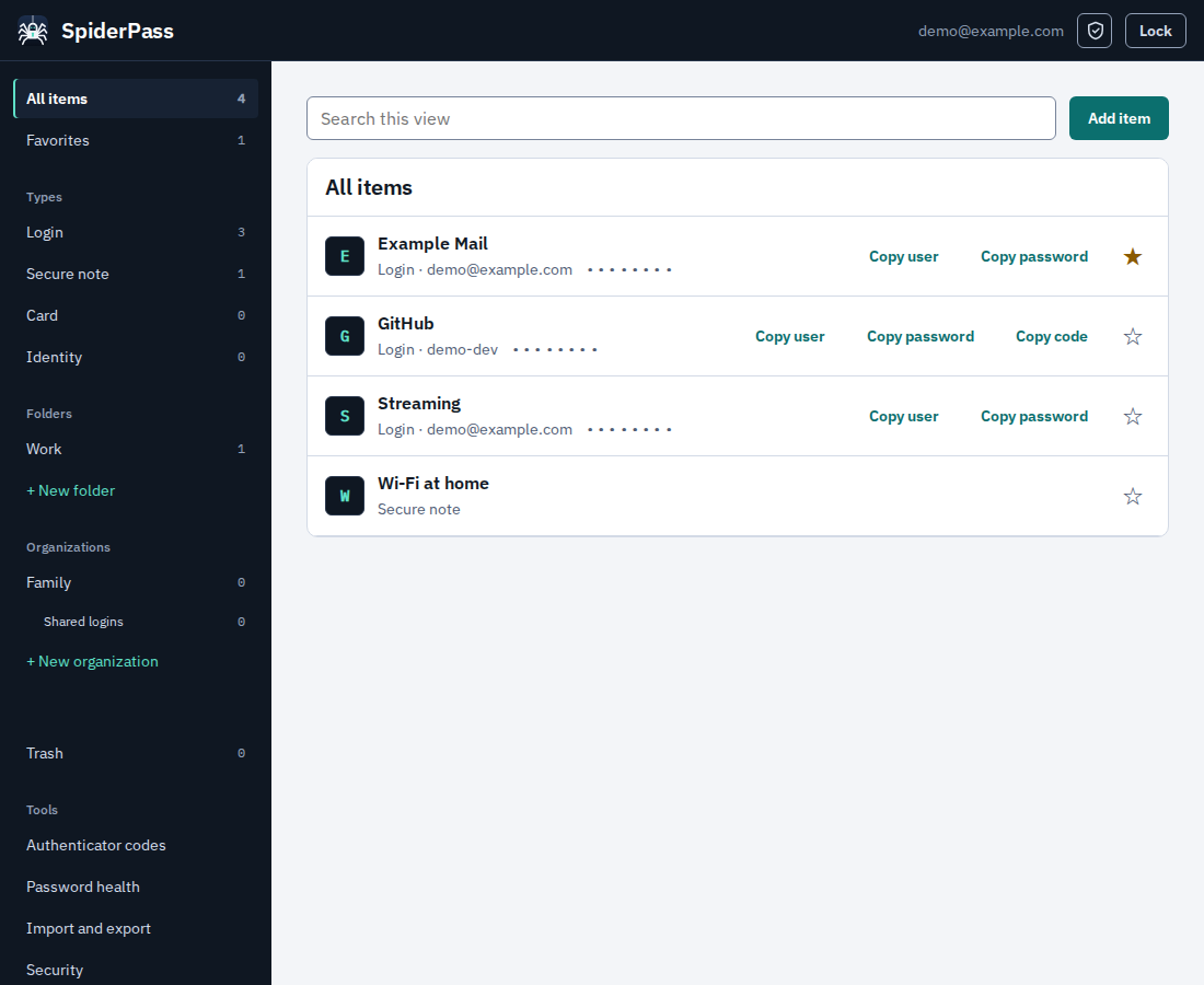 The SpiderPass vault: a list of logins and a secure note with masked passwords, and folders, types and tools in a dark sidebar.